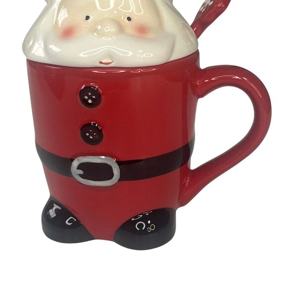 Santa Claus Ceramic Mug Lid & Spoon Red White Holiday - Picture 9 of 10
